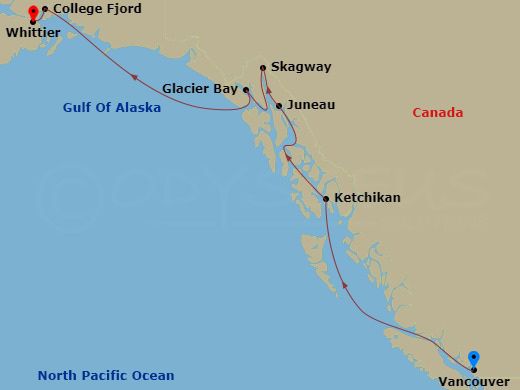 7 Night - Glacier Discovery Northbound - Oosterdam - Starting in Vancouver, BC, CA, Scenic Cruising the Inside Passage, Ketchikan, Alaska, Juneau, Alaska, Skagway, Alaska, Glacier Bay, College Fjord, Whittier, Alaska itinerary map