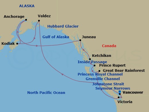 16 Night - Great Bear Rainforest and Alaska Explorer - Oosterdam - Starting in Vancouver, BC, CA, Scenic Cruising the Inside Passage, Valdez, Alaska, Kodiak, Alaska, Anchorage, Alaska, Cruising Hubbard Glacier, Juneau, Alaska, Ketchikan, Alaska, Prince Rupert, British Columbia, Canada, Scenic cruising Grenville Channel, Scenic cruising Princess Royal Channel, Scenic cruising Great Bear Rainforest, Scenic cruising Johnstone Strait, Transit the Seymour Narrows, Victoria CA, Canada, Vancouver, BC, CA itinerary map