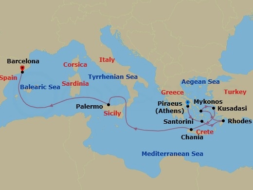9 Night - Greek Isles & Sicily - Celebrity Xcel - Starting in Athens (Piraeus), Greece, Santorini, Greece, Rhodes, Greece, Mykonos, Greece, Ephesus (Kusadasi), Turkey, Chania (Souda), Crete, Greece, Sicily (Palermo), Italy, Barcelona, Spain itinerary map