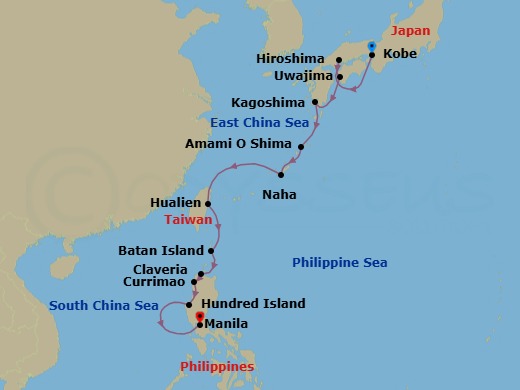 12 Night - Philippines, Taiwan and Japan - Le Jacques Cartier - Starting in Kobe, Hiroshima, Uwajima, Ibusuki, Kagoshima, Amamioshima, Naha, Okinawa, Hualien, Batanes, Claveria, Currimao, Hundred Islands National Park, Manila itinerary map