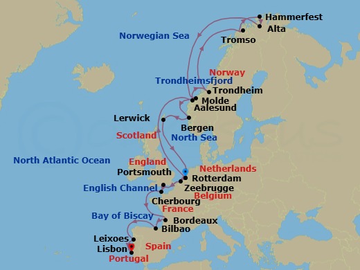 23 Night - Arctic Circle & Northern Lights with France & Iberia - Rotterdam - Starting in Rotterdam, the Netherlands, Alesund, Norway, Trondheim, Norway, Scenic Cruising Trondheimsfjord, Crossing the Arctic Circle, Tromso, Norway, Hammerfest, Norway, Alta, Norway, Crossing the Arctic Circle, Molde, Norway, Bergen, Norway, Lerwick, Shetland Islands, United Kingdom, Rotterdam, the Netherlands, Zeebrugge (Brussels), Belgium, Portsmouth UK, Cherbourg (Normandy), France, Le Verdon (Bordeaux), France, Bilbao, Leixoes (Porto), Portugal, Lisbon, Portugal itinerary map