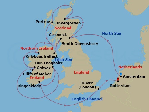 14 Night - Wild British Isles : Ireland & Cliffs of Moher - Nieuw Statendam - Starting in Amsterdam, the Netherlands, South Queensferry (Edinburgh), Scotland, United Kingdom, Invergordon (Inverness), Scotland, United Kingdom, Portree (Isle of Skye), Scotland, United Kingdom, Belfast, Northern Ireland, United Kingdom, Greenock (Glasgow), Scotland, United Kingdom, Killybegs, Donegal, Ireland, Galway, Ireland, Scenic cruising Cliffs of Moher, Dun Laoghaire (Dublin), Ireland, Ringaskiddy (Cork), Ireland, Dover UK (London), England, Rotterdam, the Netherlands itinerary map