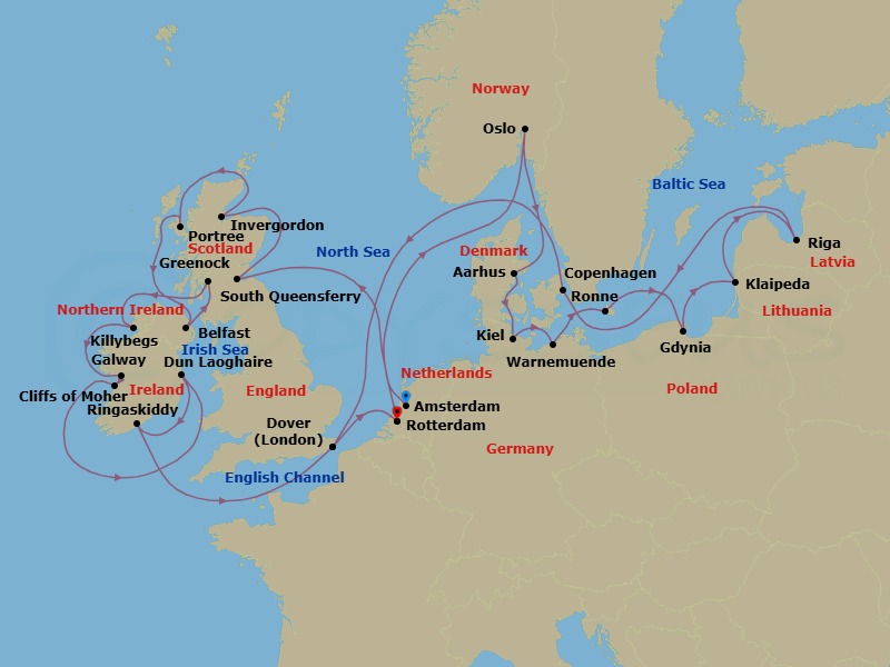 28 Night - British Isles, Baltic Capitals & Berlin Oktoberfest - Nieuw Statendam - Starting in Amsterdam, the Netherlands, South Queensferry (Edinburgh), Scotland, United Kingdom, Invergordon (Inverness), Scotland, United Kingdom, Portree (Isle of Skye), Scotland, United Kingdom, Belfast, Northern Ireland, United Kingdom, Greenock (Glasgow), Scotland, United Kingdom, Killybegs, Donegal, Ireland, Galway, Ireland, Scenic cruising Cliffs of Moher, Dun Laoghaire (Dublin), Ireland, Ringaskiddy (Cork), Ireland, Dover UK (London), England, Rotterdam, the Netherlands, Oslo, Norway, Aarhus, Denmark, Kiel (Hamburg), Germany, Warnemunde (Berlin), Germany, Ronne (Bornholm), Denmark, Gdynia (Gdansk), Poland, Klaipeda, Lithuania, Riga, Latvia, Copenhagen, Denmark, Dover UK (London), England, Rotterdam, the Netherlands itinerary map