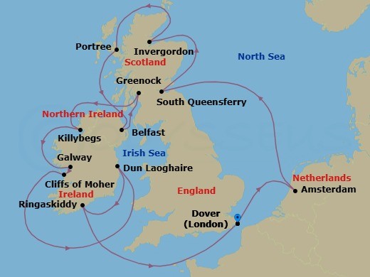 14 Night - Wild British Isles : Ireland & Cliffs of Moher - Nieuw Statendam - Starting in Dover UK (London), England, Amsterdam, the Netherlands, South Queensferry (Edinburgh), Scotland, United Kingdom, Invergordon (Inverness), Scotland, United Kingdom, Portree (Isle of Skye), Scotland, United Kingdom, Belfast, Northern Ireland, United Kingdom, Greenock (Glasgow), Scotland, United Kingdom, Killybegs, Donegal, Ireland, Galway, Ireland, Scenic cruising Cliffs of Moher, Dun Laoghaire (Dublin), Ireland, Ringaskiddy (Cork), Ireland, Dover UK (London), England itinerary map