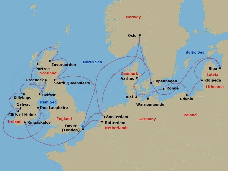 28 Night - British Isles, Baltic Capitals & Berlin Oktoberfest - Nieuw Statendam - Starting in Dover UK (London), England, Amsterdam, the Netherlands, South Queensferry (Edinburgh), Scotland, United Kingdom, Invergordon (Inverness), Scotland, United Kingdom, Portree (Isle of Skye), Scotland, United Kingdom, Belfast, Northern Ireland, United Kingdom, Greenock (Glasgow), Scotland, United Kingdom, Killybegs, Donegal, Ireland, Galway, Ireland, Scenic cruising Cliffs of Moher, Dun Laoghaire (Dublin), Ireland, Ringaskiddy (Cork), Ireland, Dover UK (London), England, Rotterdam, the Netherlands, Oslo, Norway, Aarhus, Denmark, Kiel (Hamburg), Germany, Warnemunde (Berlin), Germany, Ronne (Bornholm), Denmark, Gdynia (Gdansk), Poland, Klaipeda, Lithuania, Riga, Latvia, Copenhagen, Denmark, Dover UK (London), England itinerary map