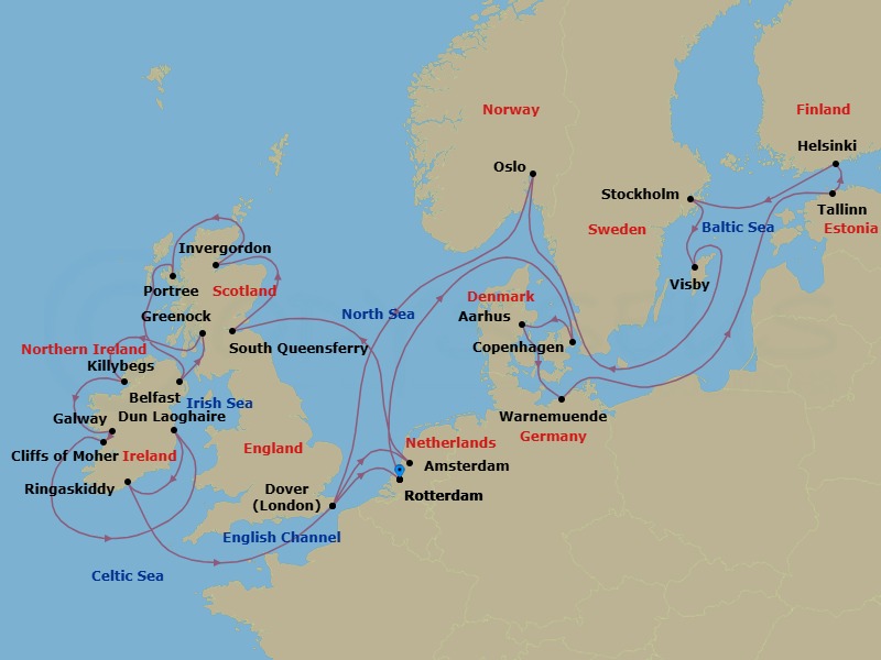 28 Night - Baltic & Scandinavian Capitals with British Isles - Nieuw Statendam - Starting in Rotterdam, the Netherlands, Copenhagen, Denmark, Aarhus, Denmark, Warnemunde (Berlin), Germany, Tallinn, Estonia, Helsinki, Finland, Stockholm, Sweden, Visby, Gotland, Sweden, Oslo, Norway, Scenic cruising Oslofjord, Dover UK (London), England, Amsterdam, the Netherlands, South Queensferry (Edinburgh), Scotland, United Kingdom, Invergordon (Inverness), Scotland, United Kingdom, Portree (Isle of Skye), Scotland, United Kingdom, Belfast, Northern Ireland, United Kingdom, Greenock (Glasgow), Scotland, United Kingdom, Killybegs, Donegal, Ireland, Galway, Ireland, Scenic cruising Cliffs of Moher, Dun Laoghaire (Dublin), Ireland, Ringaskiddy (Cork), Ireland, Dover UK (London), England, Rotterdam, the Netherlands itinerary map