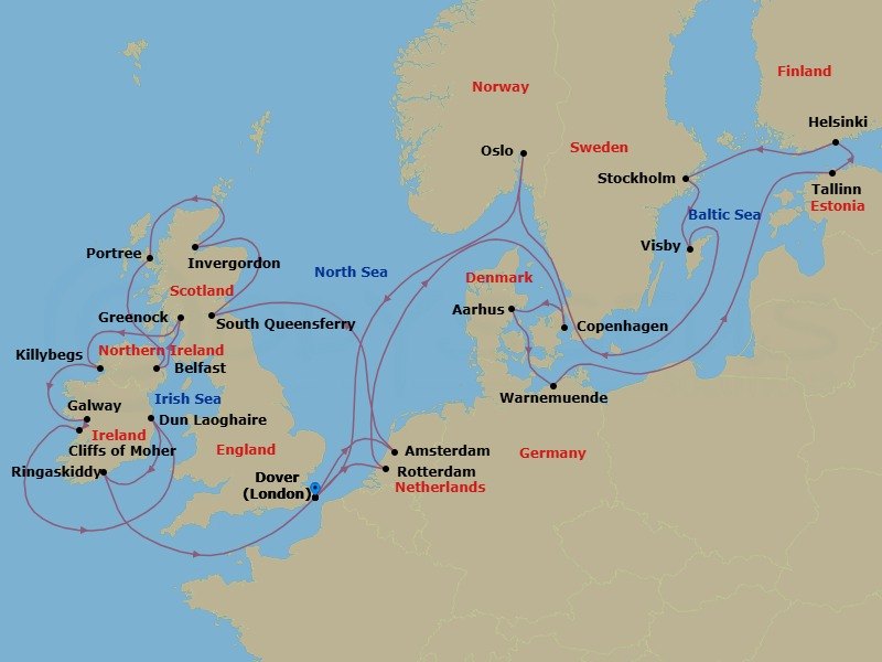 28 Night - Baltic & Scandinavian Capitals with British Isles - Nieuw Statendam - Starting in Dover UK (London), England, Rotterdam, the Netherlands, Copenhagen, Denmark, Aarhus, Denmark, Warnemunde (Berlin), Germany, Tallinn, Estonia, Helsinki, Finland, Stockholm, Sweden, Visby, Gotland, Sweden, Oslo, Norway, Scenic cruising Oslofjord, Dover UK (London), England, Amsterdam, the Netherlands, South Queensferry (Edinburgh), Scotland, United Kingdom, Invergordon (Inverness), Scotland, United Kingdom, Portree (Isle of Skye), Scotland, United Kingdom, Belfast, Northern Ireland, United Kingdom, Greenock (Glasgow), Scotland, United Kingdom, Killybegs, Donegal, Ireland, Galway, Ireland, Scenic cruising Cliffs of Moher, Dun Laoghaire (Dublin), Ireland, Ringaskiddy (Cork), Ireland, Dover UK (London), England itinerary map