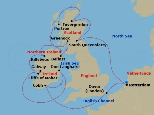 14 Night - Wild British Isles : Ireland & Cliffs of Moher - Nieuw Statendam - Starting in Rotterdam, the Netherlands, South Queensferry (Edinburgh), Scotland, United Kingdom, Invergordon (Inverness), Scotland, United Kingdom, Portree (Isle of Skye), Scotland, United Kingdom, Belfast, Northern Ireland, United Kingdom, Greenock (Glasgow), Scotland, United Kingdom, Killybegs, Donegal, Ireland, Galway, Ireland, Scenic cruising Cliffs of Moher, Dun Laoghaire (Dublin), Ireland, Cobh (Cork), Ireland, Dover UK (London), England, Rotterdam, the Netherlands itinerary map