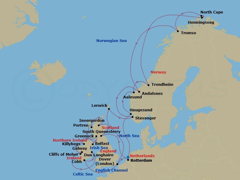 28 Night - British Isles & Arctic Circle : North Cape Solstice - Nieuw Statendam - Starting in Rotterdam, the Netherlands, South Queensferry (Edinburgh), Scotland, United Kingdom, Invergordon (Inverness), Scotland, United Kingdom, Portree (Isle of Skye), Scotland, United Kingdom, Belfast, Northern Ireland, United Kingdom, Greenock (Glasgow), Scotland, United Kingdom, Killybegs, Donegal, Ireland, Galway, Ireland, Scenic cruising Cliffs of Moher, Dun Laoghaire (Dublin), Ireland, Cobh (Cork), Ireland, Dover UK (London), England, Rotterdam, the Netherlands, Haugesund, Norway, Alesund, Norway, Trondheim, Norway, Scenic Cruising Trondheimsfjord, Honningsvag, Norway, Scenic Cruising North Cape, Tromso, Norway, Andalsnes, Norway, Stavanger, Norway, Lerwick, Shetland Islands, United Kingdom, Dover UK (London), England, Rotterdam, the Netherlands itinerary map