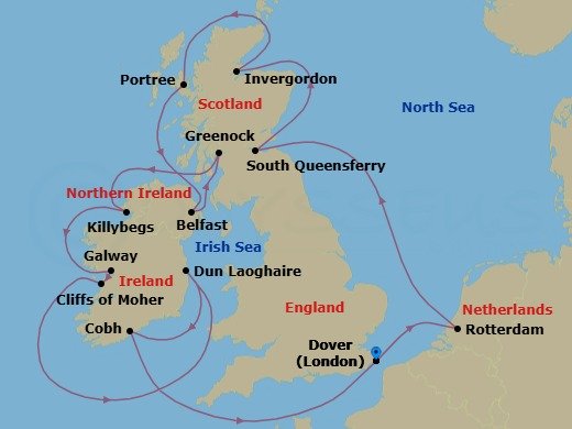 14 Night - Wild British Isles : Ireland & Cliffs of Moher - Nieuw Statendam - Starting in Dover UK (London), England, Rotterdam, the Netherlands, South Queensferry (Edinburgh), Scotland, United Kingdom, Invergordon (Inverness), Scotland, United Kingdom, Portree (Isle of Skye), Scotland, United Kingdom, Belfast, Northern Ireland, United Kingdom, Greenock (Glasgow), Scotland, United Kingdom, Killybegs, Donegal, Ireland, Galway, Ireland, Scenic cruising Cliffs of Moher, Dun Laoghaire (Dublin), Ireland, Cobh (Cork), Ireland, Dover UK (London), England itinerary map