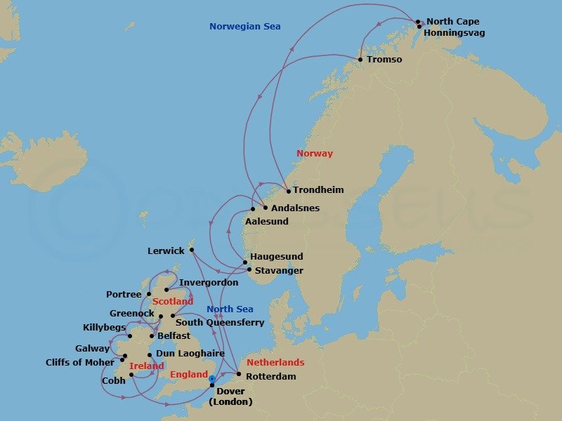 28 Night - British Isles & Arctic Circle : North Cape Solstice - Nieuw Statendam - Starting in Dover UK (London), England, Rotterdam, the Netherlands, South Queensferry (Edinburgh), Scotland, United Kingdom, Invergordon (Inverness), Scotland, United Kingdom, Portree (Isle of Skye), Scotland, United Kingdom, Belfast, Northern Ireland, United Kingdom, Greenock (Glasgow), Scotland, United Kingdom, Killybegs, Donegal, Ireland, Galway, Ireland, Scenic cruising Cliffs of Moher, Dun Laoghaire (Dublin), Ireland, Cobh (Cork), Ireland, Dover UK (London), England, Rotterdam, the Netherlands, Haugesund, Norway, Alesund, Norway, Trondheim, Norway, Scenic Cruising Trondheimsfjord, Honningsvag, Norway, Scenic Cruising North Cape, Tromso, Norway, Andalsnes, Norway, Stavanger, Norway, Lerwick, Shetland Islands, United Kingdom, Dover UK (London), England itinerary map