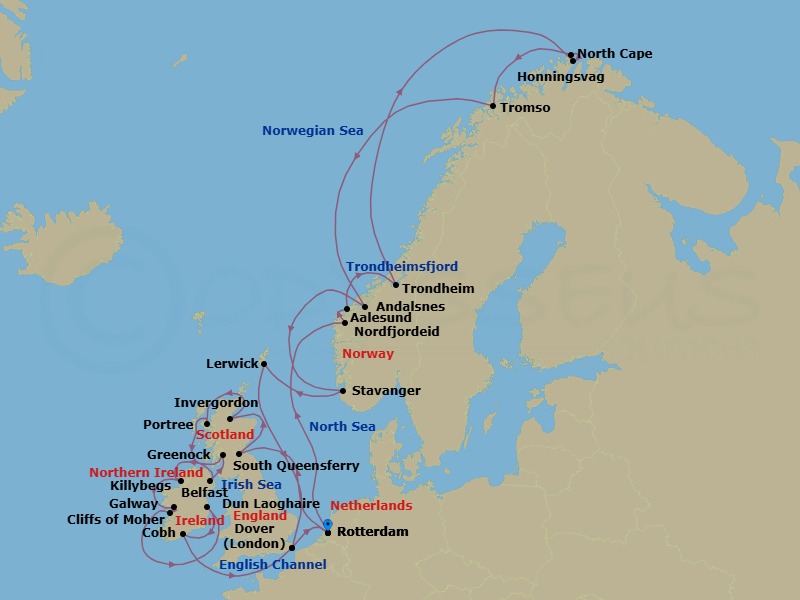 28 Night - Arctic Circle & British Isles : Cliffs of Moher - Nieuw Statendam - Starting in Rotterdam, the Netherlands, Nordfjordeid, Norway, Scenic Cruising Nordfjord, Alesund, Norway, Trondheim, Norway, Scenic Cruising Trondheimsfjord, Honningsvag, Norway, Scenic Cruising North Cape, Tromso, Norway, Andalsnes, Norway, Stavanger, Norway, Lerwick, Shetland Islands, United Kingdom, Dover UK (London), England, Rotterdam, the Netherlands, South Queensferry (Edinburgh), Scotland, United Kingdom, Invergordon (Inverness), Scotland, United Kingdom, Portree (Isle of Skye), Scotland, United Kingdom, Belfast, Northern Ireland, United Kingdom, Greenock (Glasgow), Scotland, United Kingdom, Killybegs, Donegal, Ireland, Galway, Ireland, Scenic cruising Cliffs of Moher, Dun Laoghaire (Dublin), Ireland, Cobh (Cork), Ireland, Dover UK (London), England, Rotterdam, the Netherlands itinerary map