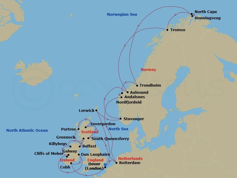 28 Night - Arctic Circle & British Isles : Cliffs of Moher - Nieuw Statendam - Starting in Dover UK (London), England, Rotterdam, the Netherlands, Nordfjordeid, Norway, Scenic Cruising Nordfjord, Alesund, Norway, Trondheim, Norway, Scenic Cruising Trondheimsfjord, Honningsvag, Norway, Scenic Cruising North Cape, Tromso, Norway, Andalsnes, Norway, Stavanger, Norway, Lerwick, Shetland Islands, United Kingdom, Dover UK (London), England, Rotterdam, the Netherlands, South Queensferry (Edinburgh), Scotland, United Kingdom, Invergordon (Inverness), Scotland, United Kingdom, Portree (Isle of Skye), Scotland, United Kingdom, Belfast, Northern Ireland, United Kingdom, Greenock (Glasgow), Scotland, United Kingdom, Killybegs, Donegal, Ireland, Galway, Ireland, Scenic cruising Cliffs of Moher, Dun Laoghaire (Dublin), Ireland, Cobh (Cork), Ireland, Dover UK (London), England itinerary map