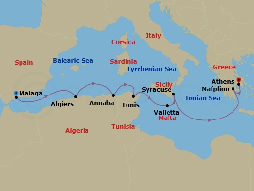 9 Night - Ancient Shores of the Mediterranean - Le Laperouse - Starting in Malaga, Algiers, Annaba, Tunis, Valletta, Syracuse IT, Sicily, Nafplion, Athens itinerary map