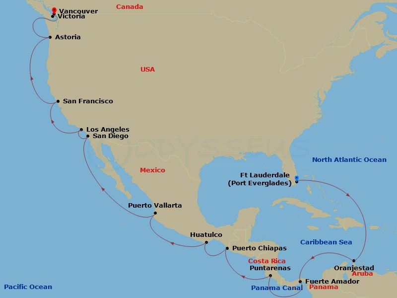 23 Night - Panama Canal & Pacific Coast - Island Princess - Starting in Fort Lauderdale, Florida, Aruba, Panama Canal Full Transit Historic Locks, Fuerte Amador, Panama (for Panama City), Puntarenas, Costa Rica, Puerto Chiapas, Mexico, Huatulco, Mexico, Puerto Vallarta, Mexico, Los Angeles, California, San Diego, California, San Francisco, California, Astoria, Oregon, Victoria CA, Vancouver, Canada itinerary map