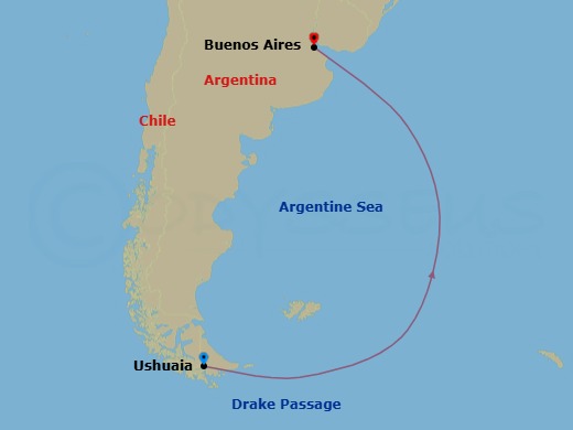 6 Night - Ocean Voyage : Ushuaia - Buenos Aires - Le Lyrial - Starting in Ushuaia, Buenos Aires itinerary map