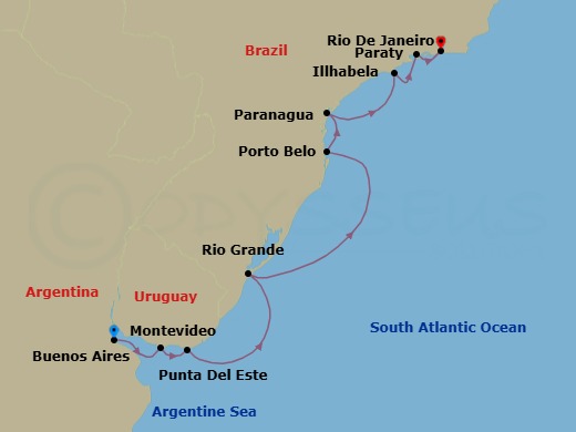10 Night - Emblematic South American Shores and Cities - Le Lyrial - Starting in Buenos Aires, Montevideo, Punta Del Este, Rio Grande, Porto Belo, Paranagua, Ilhabela, Brazil, Paraty, Rio De Janeiro itinerary map
