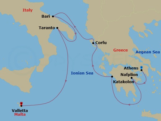 7 Night - Ancient Cities of Greece and Italy - Le Laperouse - Starting in Athens, Nafplion, Katakolon, Corfu, Bari, Taranto, Valletta itinerary map