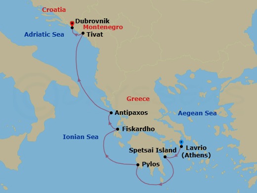 7 Night - Island Hopping from Athens to Dubrovnik - Le Ponant - Starting in Athens (Lavrio), Spetses, Pylos, Fiskardo, Cephalonia, Paxos, Tivat, Dubrovnik, Croatia itinerary map