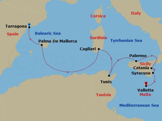 8 Night - Culture and Islands of the Mediterranean - Le Dumont-d'Urville - Starting in Tarragona, Palma de Mallorca, Balearic Islands, Cagliari, Sardinia, Tunis, Palermo, Sicily, Catania, Sicily, Syracuse IT, Sicily, Valletta itinerary map
