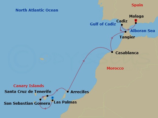 8 Night - Canary Islands, Morocco and the Iberian Peninsula - Le Dumont-d'Urville - Starting in Las Palmas de Gran Canaria, Canary Islands, San Sebastian de la Gomera, Canary Islands, Santa Cruz de Tenerife, Arrecife de Lanzarote, Canary Islands, Casablanca, Tangier, Cadiz, Malaga itinerary map