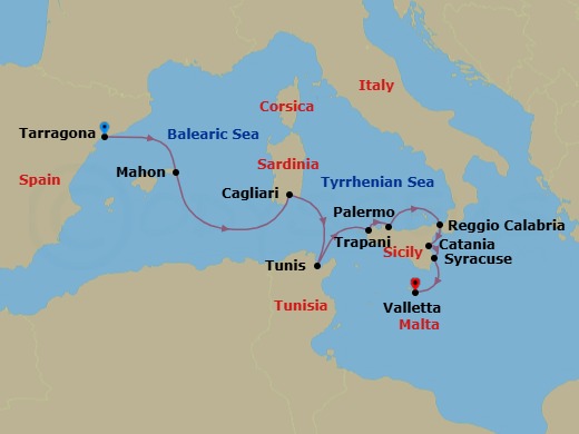 11 Night - Culture and Islands of the Mediterranean - Le Bougainville - Starting in Tarragona, Mahon, Balearic Islands, Cagliari, Sardinia, Tunis, Trapani, Sicily, Palermo, Sicily, Reggio di Calabria, Catania, Sicily, Syracuse IT, Sicily, Valletta itinerary map
