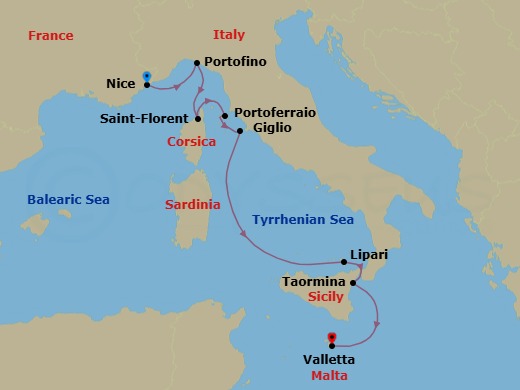 9 Night - Isle of Beauty, Italian Shores & Malta - Le Bougainville - Starting in Nice, Portofino, Saint-Florent, Corsica, Portoferraio, Elba, Giglio, Lipari, Aeolian Islands, Taormina, Sicily, Valletta itinerary map