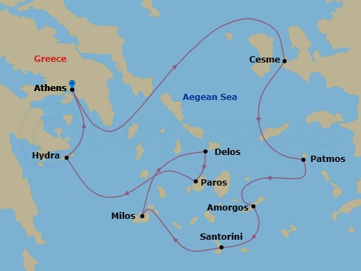 7 Night - At the Heart of the Greek Islands - Le Champlain - Starting in Athens, Cesme, Patmos, Amorgos, Sailing in the Santorini Caldera, Adamas, Milos, Delos, Paros, Hydra, Athens itinerary map