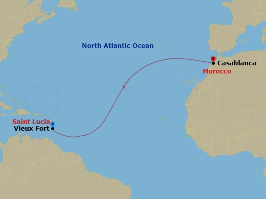 12 Night - Ocean Voyage : Vieux Fort - Casablanca - Le Champlain - Starting in Vieux Fort, Casablanca itinerary map