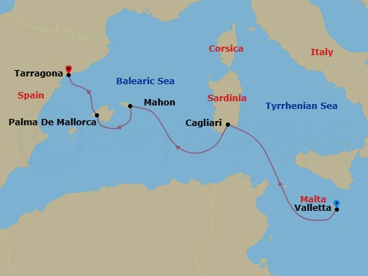 5 Night - Sardinia and the Balearic Islands - L'Austral - Starting in Valletta, Cagliari, Sardinia, Mahon, Balearic Islands, Palma de Mallorca, Balearic Islands, Tarragona itinerary map