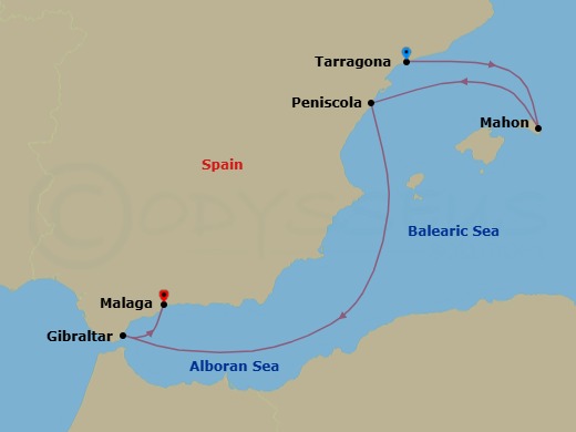 5 Night - Iberian Interlude - L'Austral - Starting in Tarragona, Mahon, Balearic Islands, Peniscola, Gibraltar, Malaga itinerary map