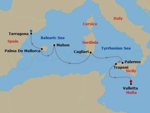 8 Night - Cruising the Mediterranean : Sicily, Sardinia, and Mallorca - with Smithsonian Journeys - L'Austral - Starting in Tarragona, Palma de Mallorca, Balearic Islands, Mahon, Balearic Islands, Cagliari, Sardinia, Palermo, Sicily, Trapani, Sicily, Valletta itinerary map