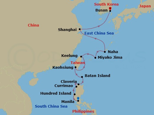 13 Night - Horizons of East Asia and the Philippines - Le Soleal - Starting in Manila, Hundred Islands National Park, Currimao, Claveria, Batanes, Kaohsiung City, Keelung (Chilung), Miyakojima, Naha, Okinawa, Shanghai, Busan itinerary map