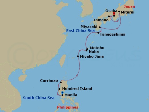 11 Night - Filipino Treasures and Japanese Serenity - Le Soleal - Starting in Manila, Hundred Islands National Park, Currimao, Miyakojima, Naha, Okinawa, Motobu, Okinawa, Tanegashima, Miyazaki, Mitarai, Tamano, Osaka itinerary map