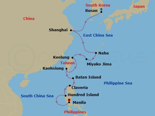 12 Night - Horizons of East Asia and the Philippines - Le Soleal - Starting in Busan, Shanghai, Naha, Okinawa, Miyakojima, Keelung (Chilung), Kaohsiung City, Batanes, Claveria, Hundred Islands National Park, Manila itinerary map