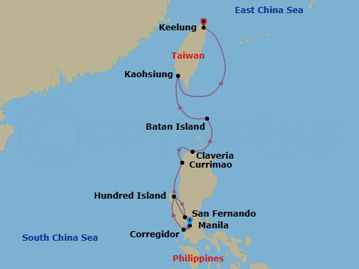 9 Night - Nature and Heritage from the Philippines to Taiwan - Le Soleal - Starting in Manila, Corregidor Island, Hundred Islands National Park, San Fernando, La Union, Currimao, Claveria, Batanes, Kaohsiung City, Keelung (Chilung) itinerary map