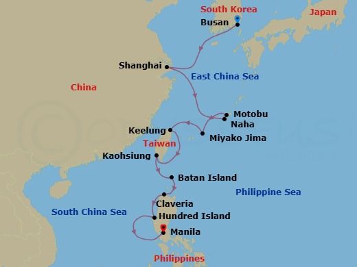 13 Night - Horizons of East Asia and the Philippines - Le Soleal - Starting in Busan, Shanghai, Naha, Okinawa, Motobu, Okinawa, Miyakojima, Keelung (Chilung), Kaohsiung City, Batanes, Claveria, Hundred Islands National Park, Manila itinerary map