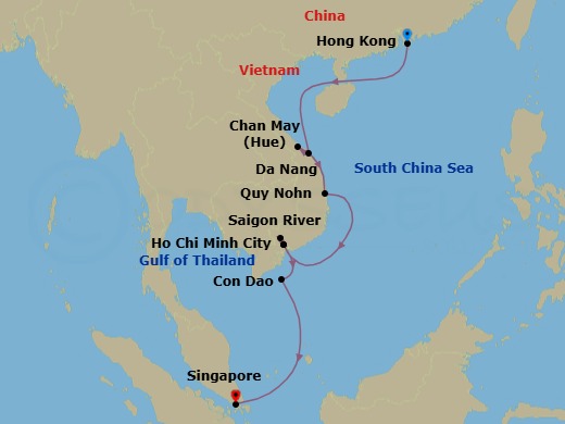 13 Night - Vietnamese Shores - Le Soleal - Starting in Hong Kong, Ha Long, Da Nang, Chan May, Quy Nhon, Ho Chi Minh City (Saigon), Sailing Saigon River, Ho Chi Minh City (Saigon), Con Dao Islands, Singapore itinerary map