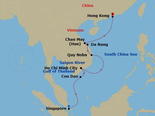 13 Night - Vietnamese Shores - Le Soleal - Starting in Singapore, Con Dao Islands, Ho Chi Minh City (Saigon), Sailing Saigon River, Ho Chi Minh City (Saigon), Quy Nhon, Da Nang, Chan May, Ha Long, Hong Kong itinerary map