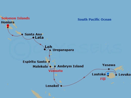 13 Night - Secret Islands of Melanesia - Le Jacques Cartier - Starting in Lautoka, Viti Levu Island, Levuka, Ovalau Island, Yasawa Island, Tanna Island, Epi, Ambrym Island, Malekula, Mavea Island, Espiritu Santo Island, Paradise Lagoon, Espiritu Santo Island, Ureparapara Island, Loh Island, Lata, Solomon Islands, Santa Ana Island, Honiara, Guadalcanal Island itinerary map