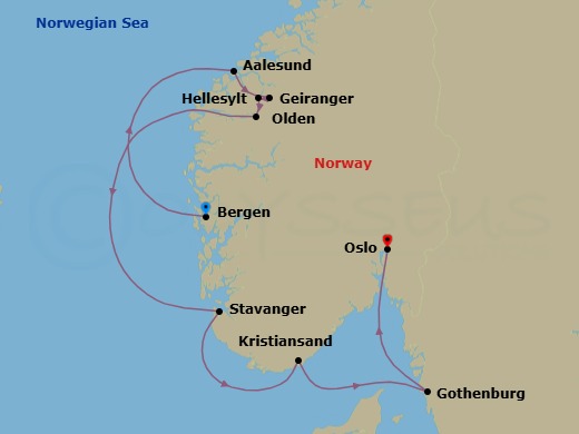 7 Night - Cruising the Norwegian Fjords - with Smithsonian Journeys - Le Laperouse - Starting in Bergen, Alesund, Geiranger, Norway, Hellesylt, Norway, Olden, Sailing in Lysefjorden, Stavanger, Kristiansand, Goteborg (Gothenburg), Oslo itinerary map