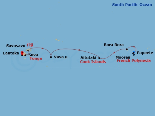 12 Night - Ancestral Cultures of the South Pacific - Le Jacques Cartier - Starting in Papeete, Tahiti Island, Moorea Island, Bora Bora, Society Islands, Aitutaki, Crossing the International Date Line, Vavau Islands, Savusavu, Vanua Levu Island, Suva, Viti Levu Island, Lautoka, Viti Levu Island itinerary map