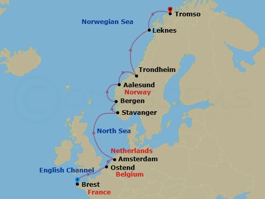 11 Night - Nordic Sea Treasures - Le Laperouse - Starting in Brest, Ostend, Amsterdam, Stavanger, Bergen, Alesund, Trondheim, Crossing the Arctic Circle, Leknes, Lofoten, Tromso itinerary map