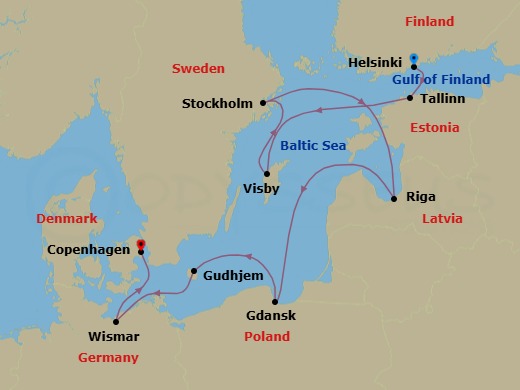 12 Night - Baltic Shores and Hanseatic Cities - Le Laperouse - Starting in Helsinki, Tallinn, Visby, Gotland, Stockholm, Riga, Gdansk, Gudhjem, Bornholm, Wismar, Copenhagen itinerary map