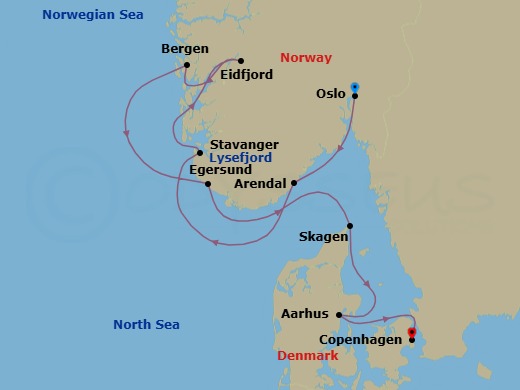 8 Night - Secret Scandinavia - Le Laperouse - Starting in Oslo, Arendal, Sailing in Lysefjorden, Stavanger, Eidfjord, Bergen, Egersund, Skagen, Aarhus, Copenhagen itinerary map
