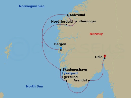 7 Night - Norwegian Fjords - Le Laperouse - Starting in Bergen, Alesund, Geiranger, Norway, Nordfjordeid, Skudeneshavn, Sailing in Lysefjorden, Egersund, Arendal, Oslo itinerary map
