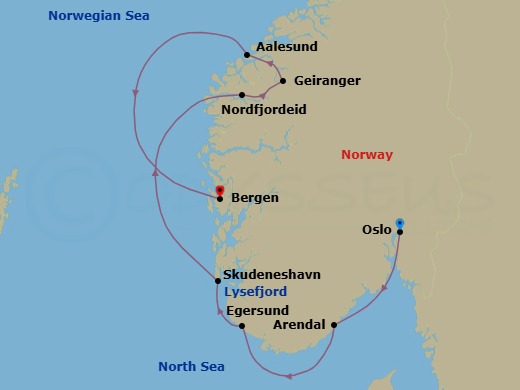 7 Night - Norwegian Fjords - Le Laperouse - Starting in Oslo, Arendal, Egersund, Skudeneshavn, Sailing in Lysefjorden, Nordfjordeid, Geiranger, Norway, Alesund, Bergen itinerary map