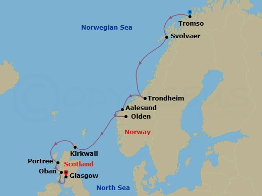 10 Night - From the Arctic Circle to the Scottish Isles - Le Laperouse - Starting in Tromso, Svolvaer, Lofoten, Trondheim, Alesund, Olden, Kirkwall, Orkney, Portree, Isle of Skye, Oban UK, Scotland, Glasgow, Scotland itinerary map