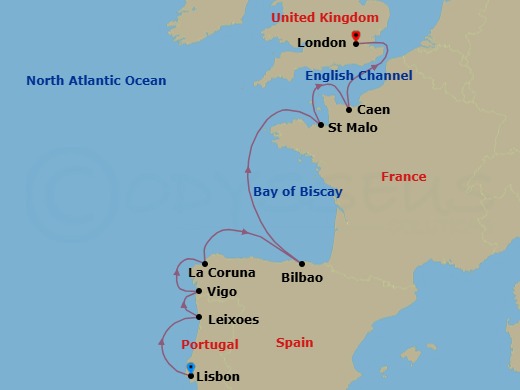 9 Night - Lisbon to London : Cruising Europe's Western Shores - with Smithsonian Journeys - Le Bellot - Starting in Lisbon, Leixoes / Porto, Vigo / Santiago de Compostela, La Coruna, Bilbao, Saint-malo, Caen, London itinerary map