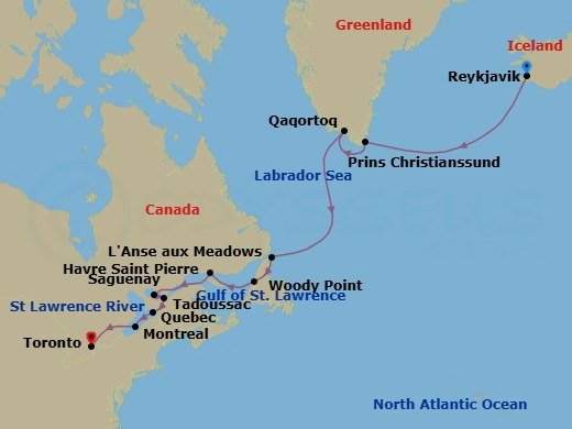 15 Night - In the Wake of the Vikings, from Iceland to Canada - Le Bellot - Starting in Reykjavik, Prins Christian Sund, Qaqortoq, Lanse Aux Meadows, Newfoundland, Woody Point, Gros Morne National park, Havre-Saint-Pierre, Saguenay, Tadoussac, Quebec, Montreal, Sailing River Saint Lawrence and going through its locks, Toronto itinerary map
